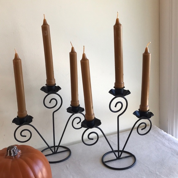 Set of 2 candelabras 6 candles Black wrought iron holder Harvest gold wax candle - Picture 3 of 8